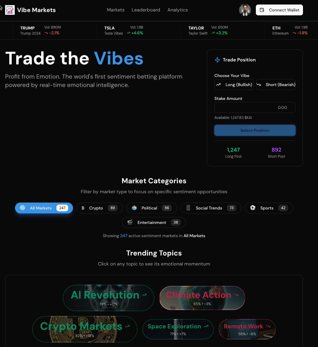 Vibe Markets trading interface with position selection and market categories